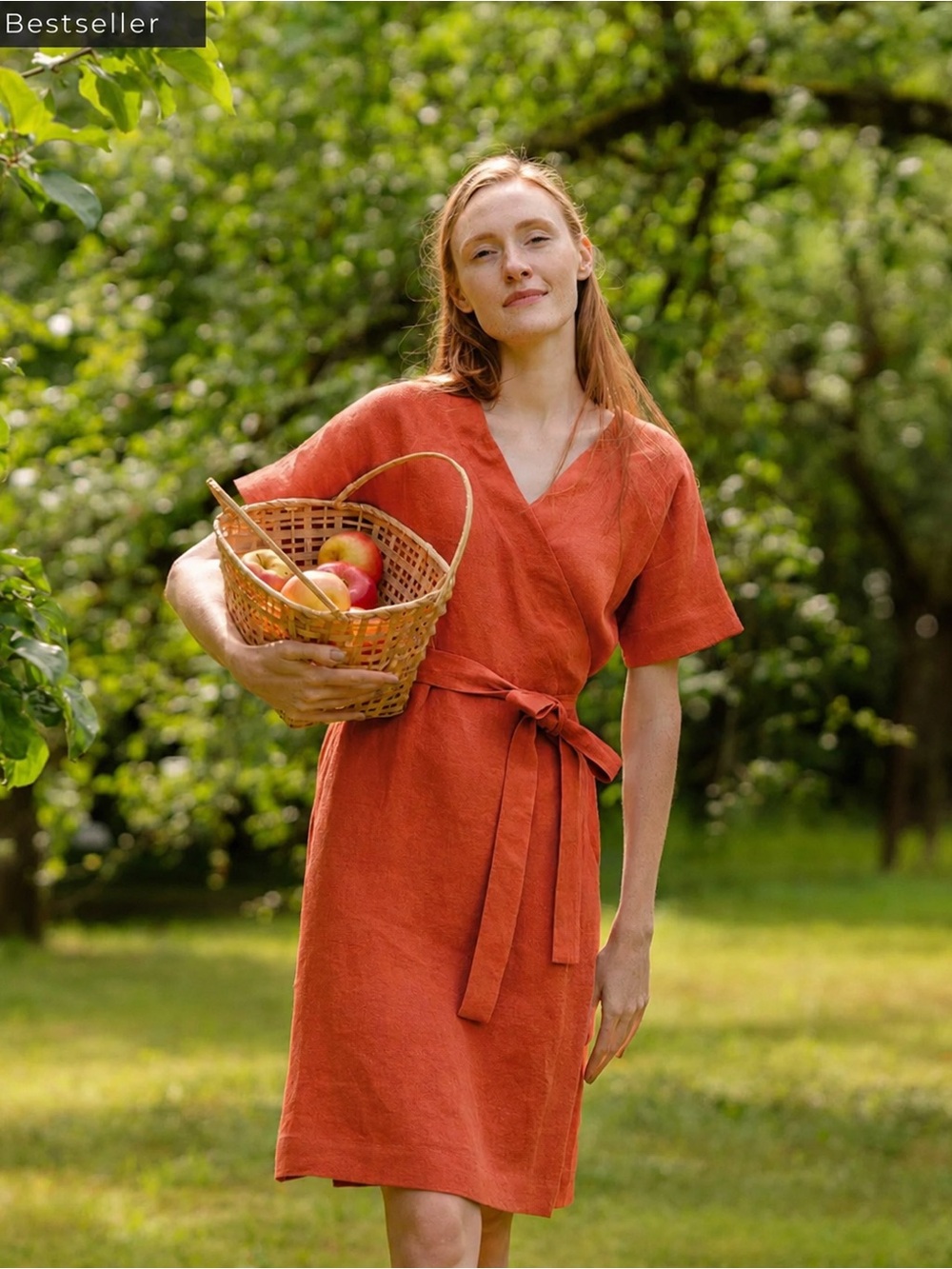 Menique 100% Linen Eliana Wrap Dress S Cinnamon Red Tie Waist Pockets